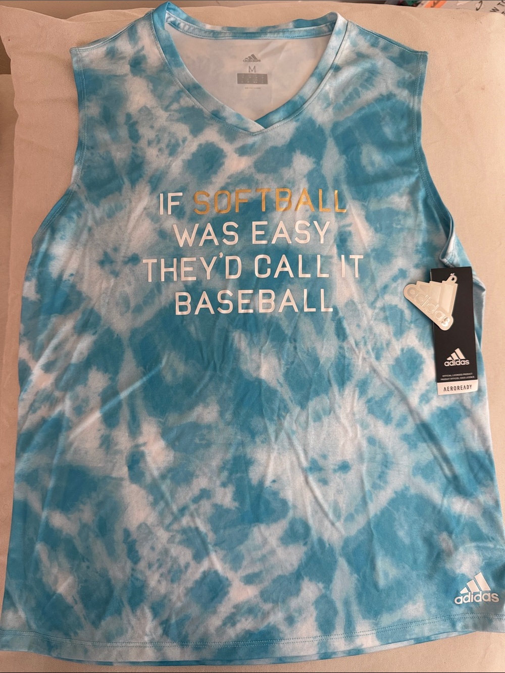adidas Blue and White Tie-Dye Softball Tank with Slogan